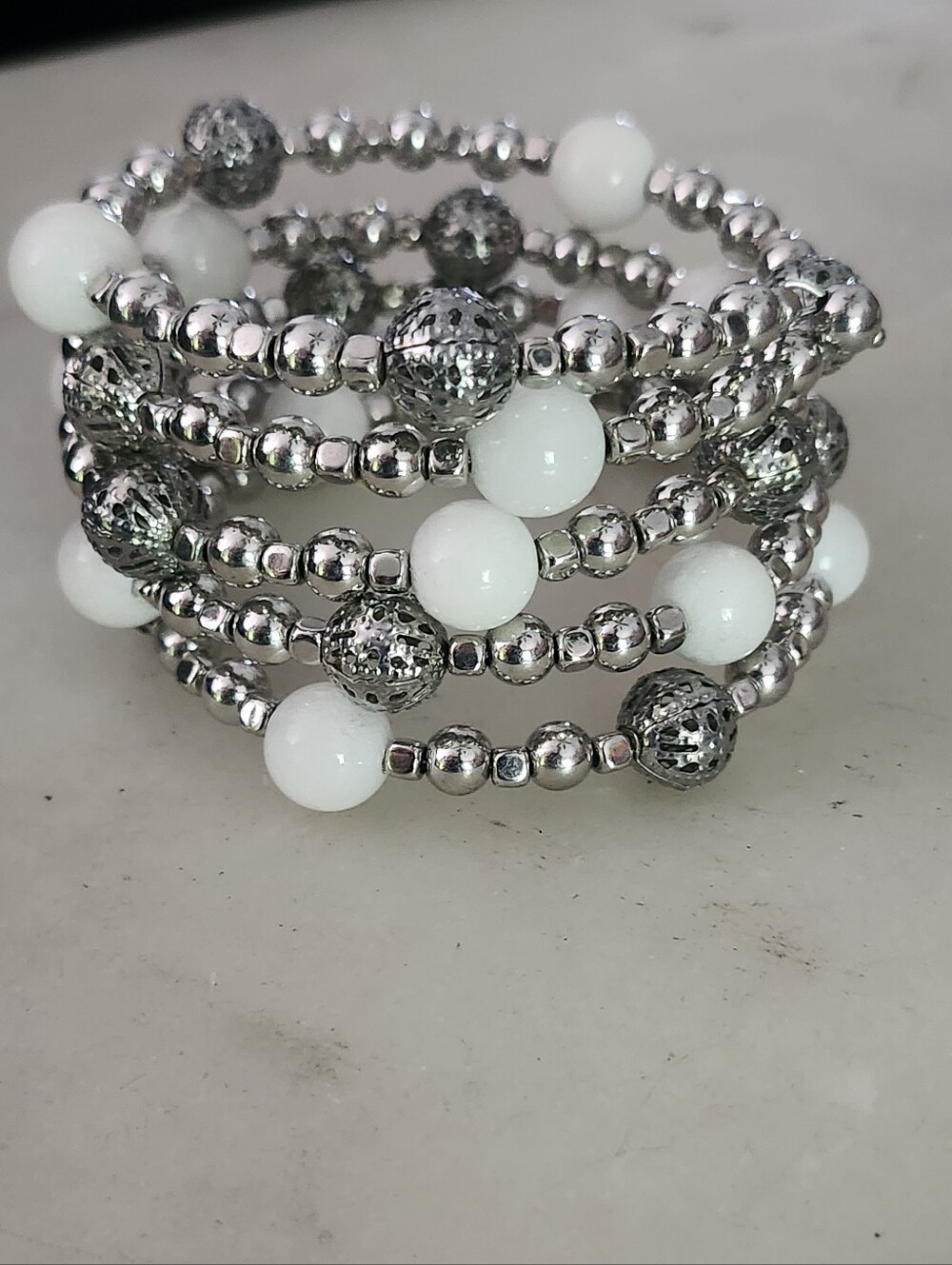 Stylish White Bead and Silver Coil Bracelet